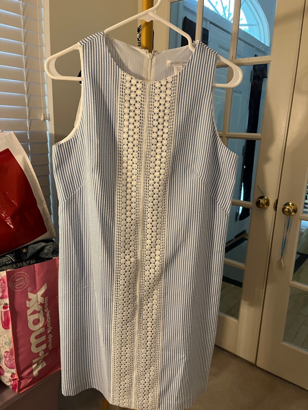 London Times Blue & White Striped Seersucker Dress with Crochet Panel